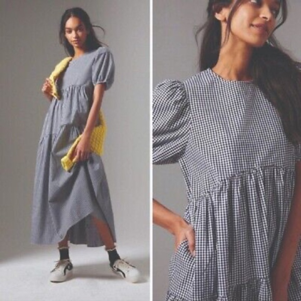 Anthropologie puff sleeve gingham midi dress size M